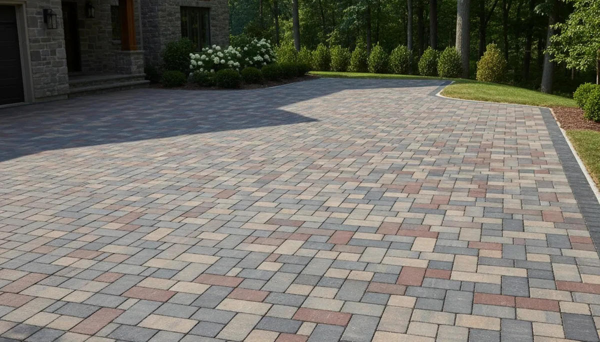 Interlocking paver driveway with geometric design by Chop Chop Landscaping in Easton, PA