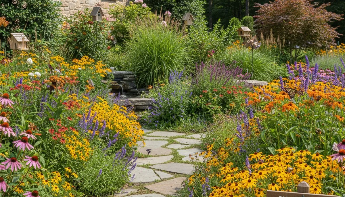 Native pollinator garden with bee-friendly flowers and butterfly plants by organic landscapers in Easton, PA