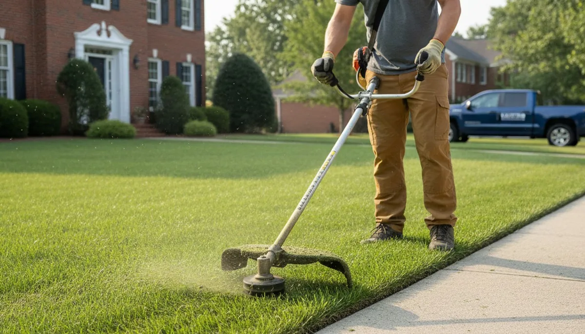 Technician performing precise lawn edging with string trimmer in Easton, PA by Chop Chop Landscaping