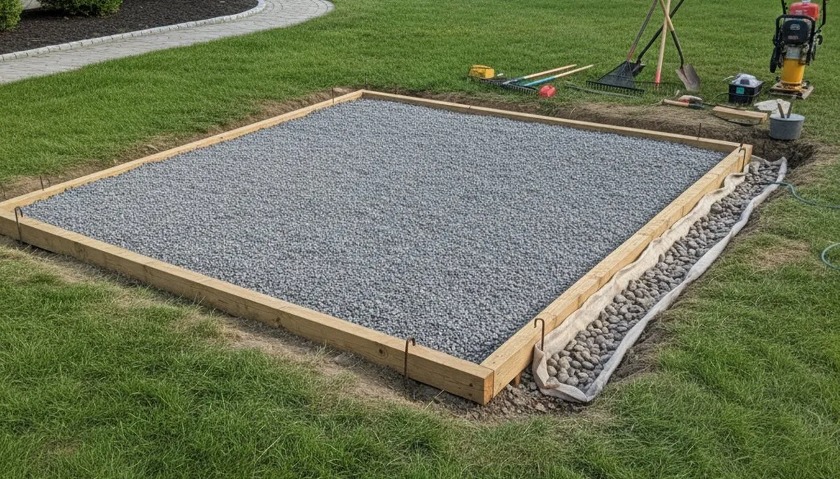 Shed foundation preparation with gravel base and drainage by landscaping pros in Easton, PA